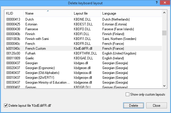 KbdEdit dialog Delete keyboard layout