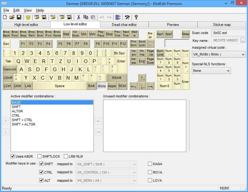 KbdEdit screenshot Low level editor virtual key scan code